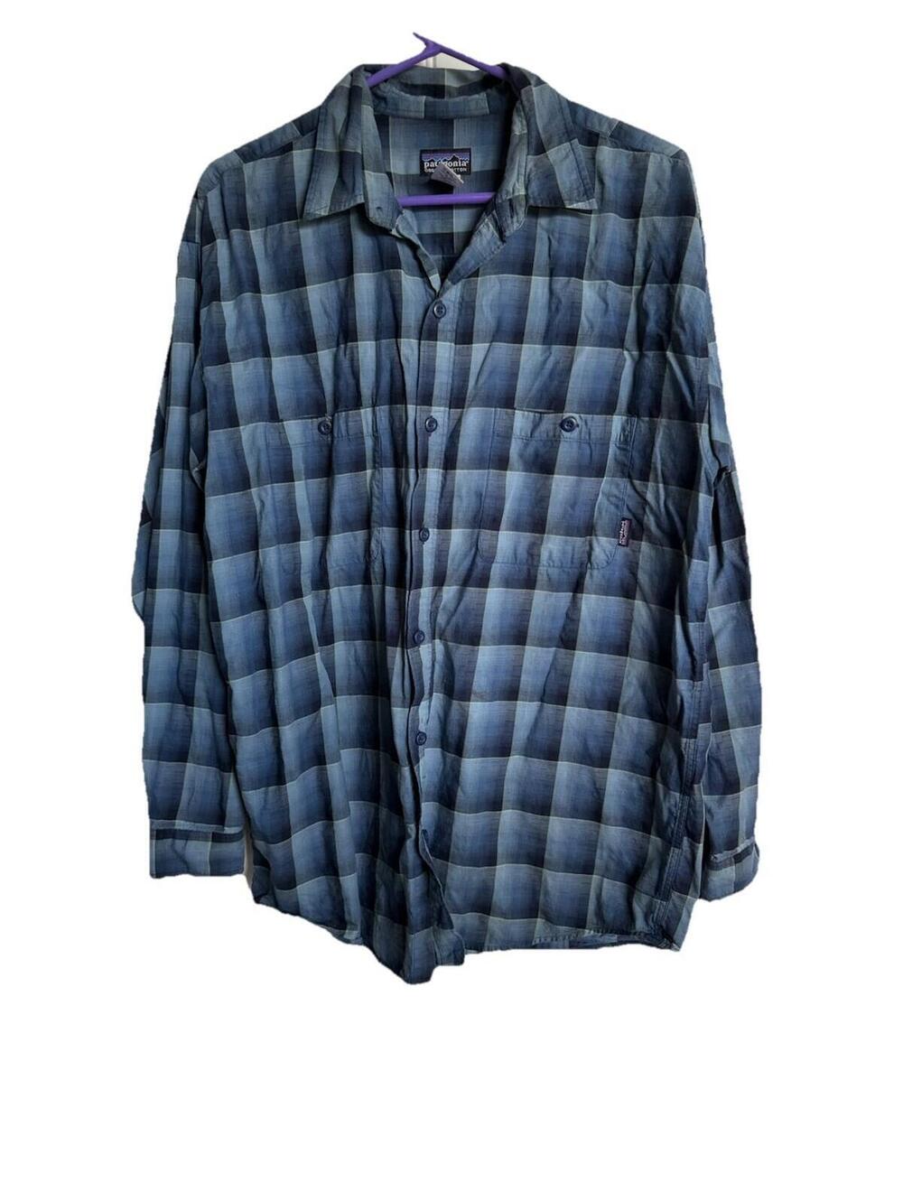 Patagonia Men’s Plaid Button Up Blue Large Organic Cotton Stain See Pics Read